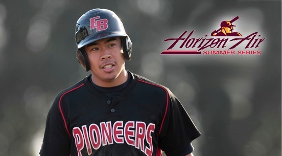 basebally player Eren Miravalles wearing a CSUEB batting helmet.